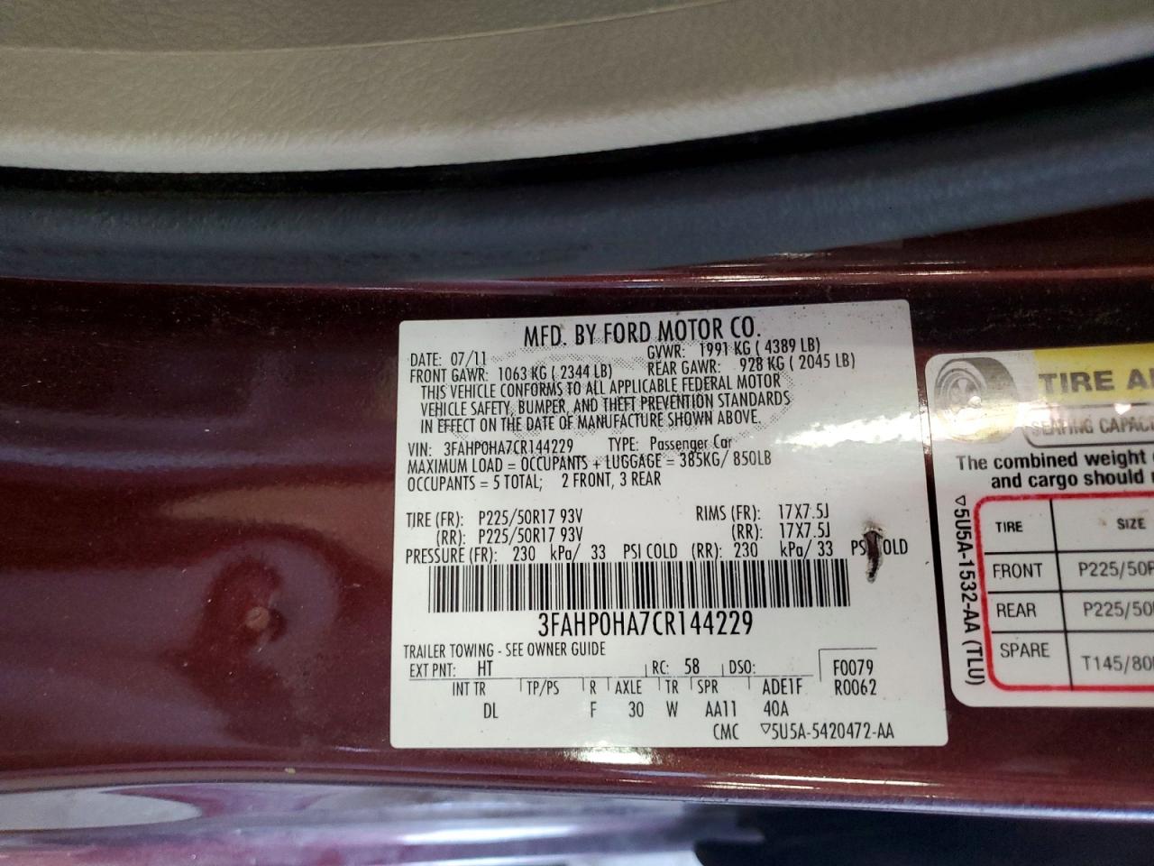 2012 Ford Fusion Se Maroon vin: 3FAHP0HA7CR144229