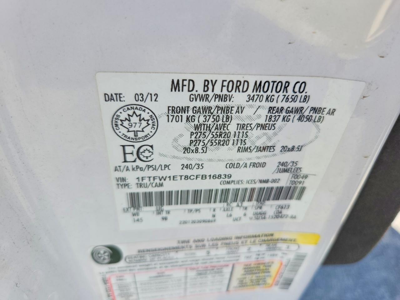 2012 Ford F150 Supercrew White vin: 1FTFW1ET8CFB16839