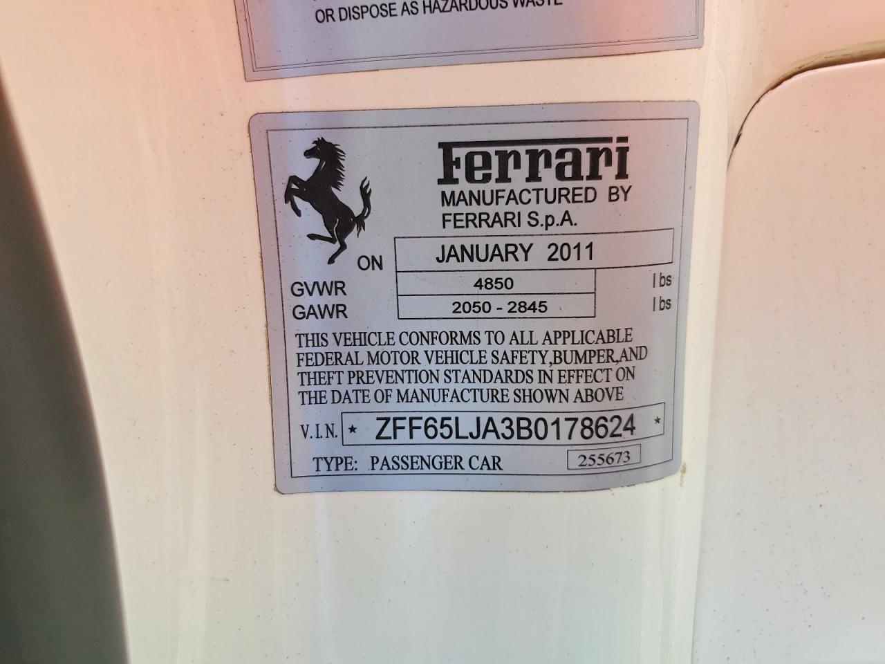 2011 Ferrari California White vin: ZFF65LJA3B0178624