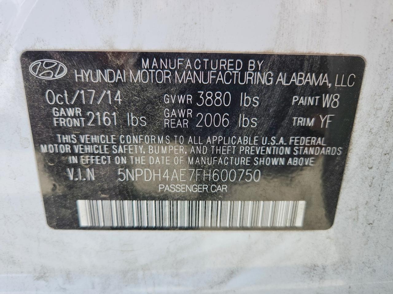 2015 Hyundai Elantra Se White vin: 5NPDH4AE7FH600750