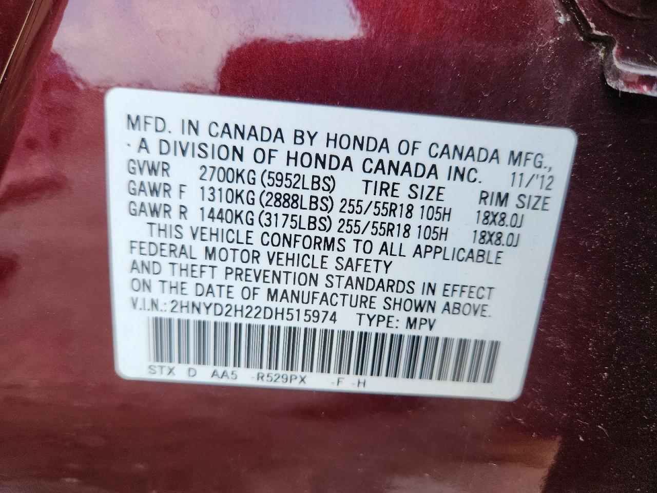 2013 Acura Mdx Burgundy vin: 2HNYD2H22DH515974