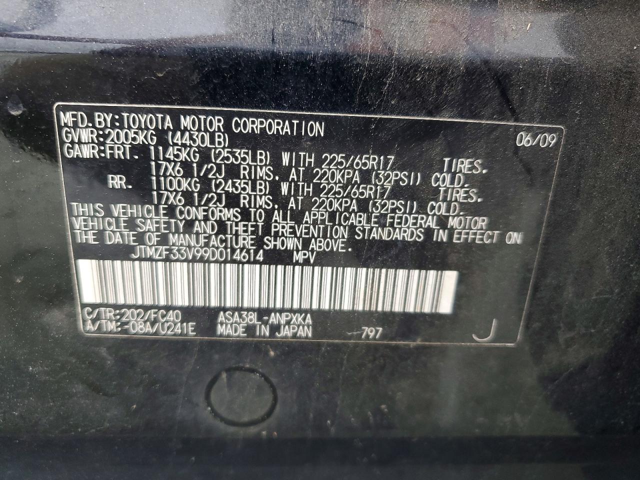 2009 Toyota Rav4 Base Black vin: JTMZF33V99D014614
