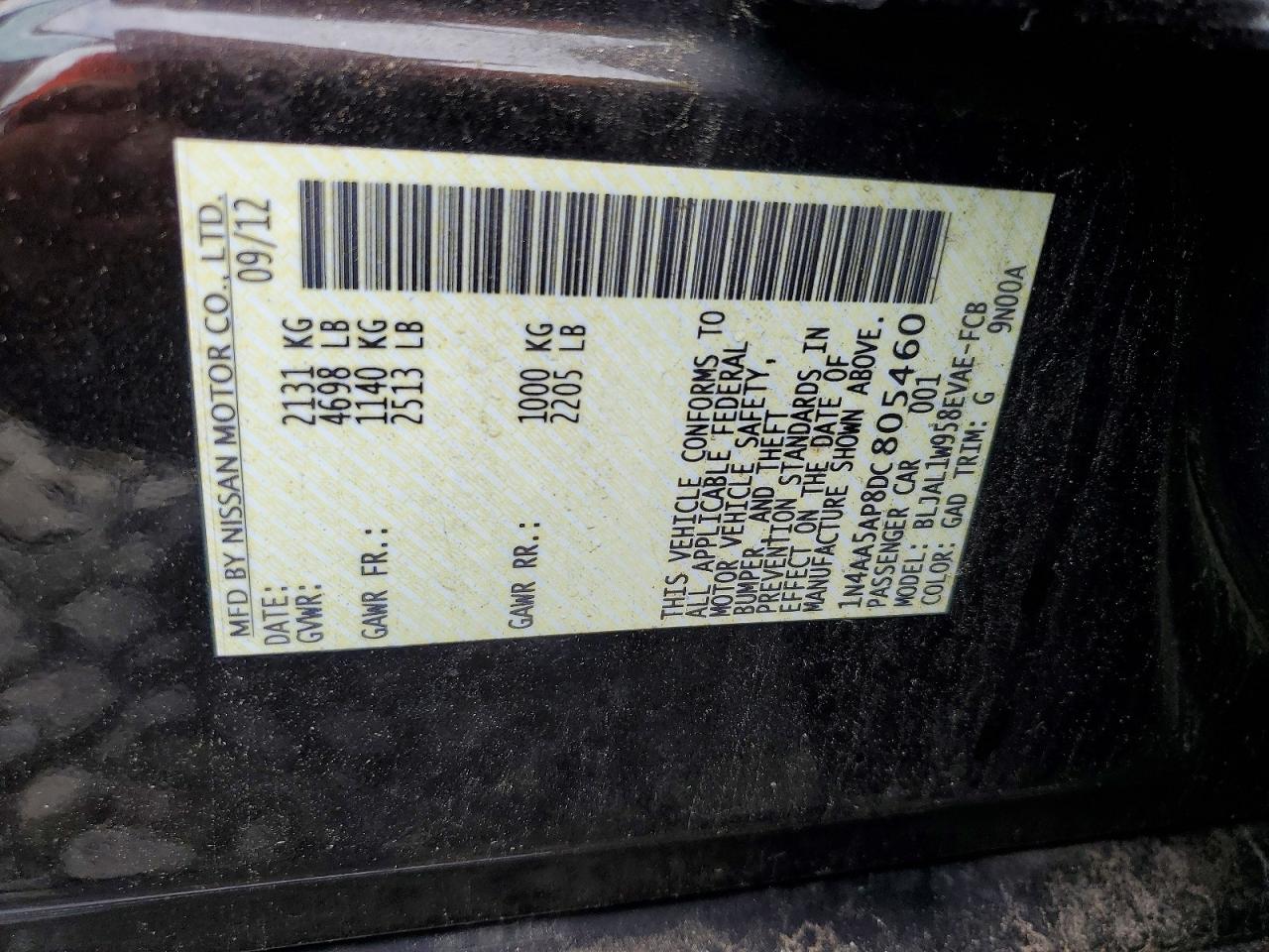 2013 Nissan Maxima 3.5 Sv Black vin: 1N4AA5AP8DC805460