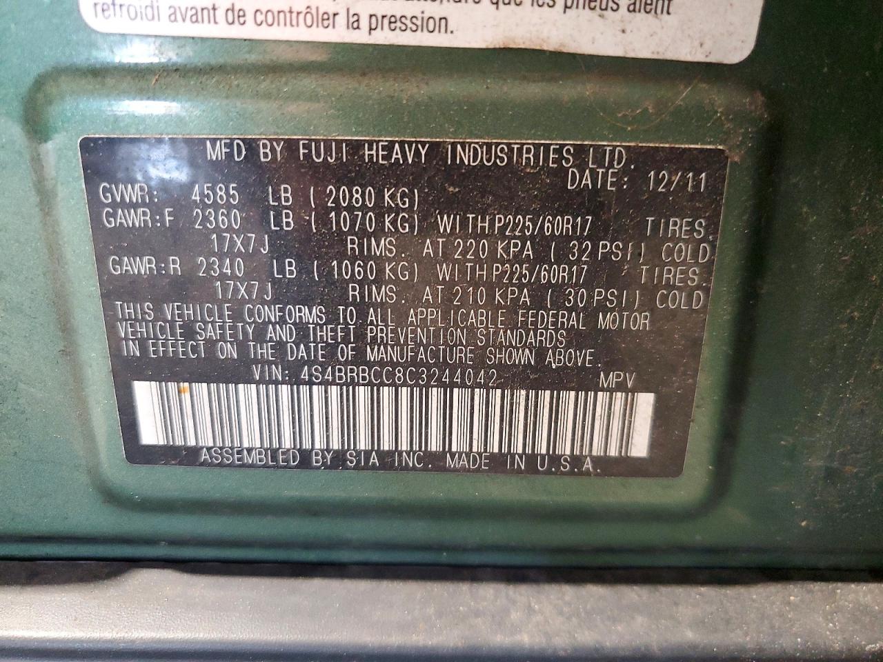 2012 Subaru Outback 2.5i Premium Green vin: 4S4BRBCC8C3244042