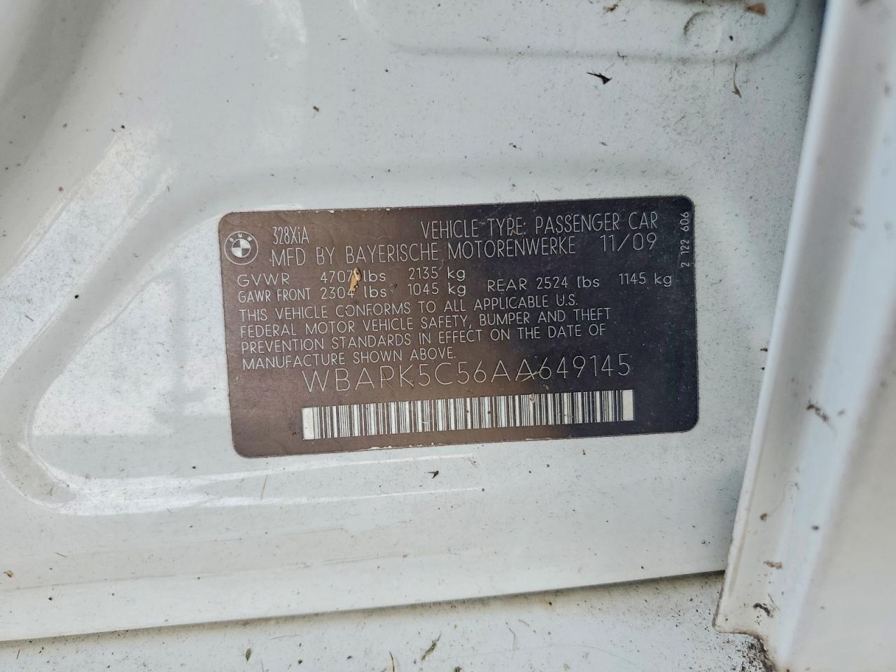 2010 Bmw 328 Xi Sulev Белый vin: WBAPK5C56AA649145