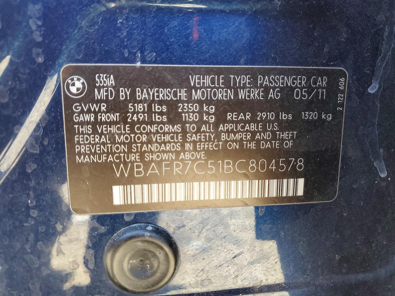 2011 Bmw 535 I Blue vin: WBAFR7C51BC804578