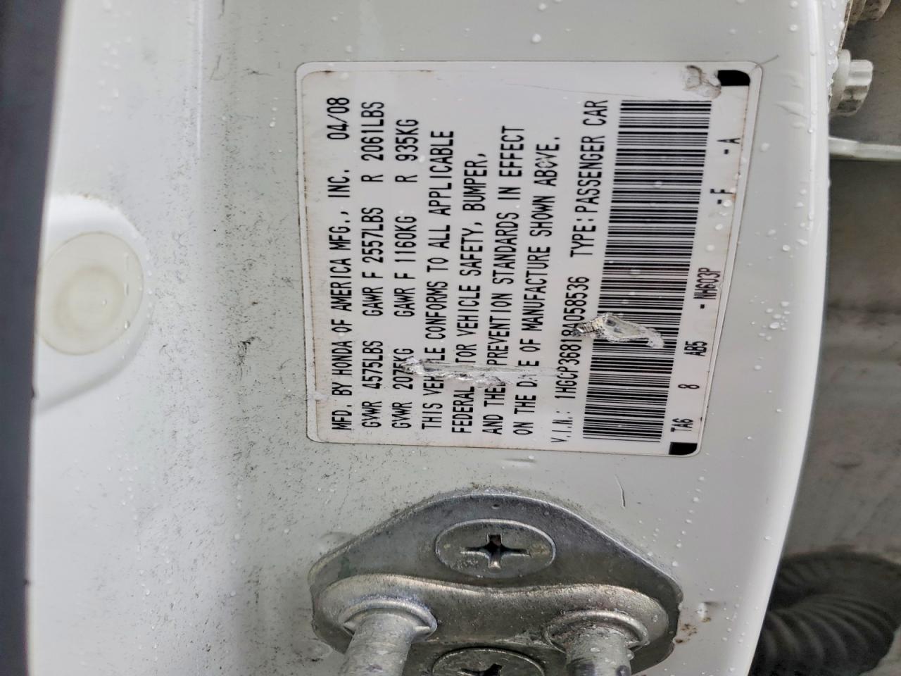 2008 Honda Accord Exl White vin: 1HGCP36818A058536