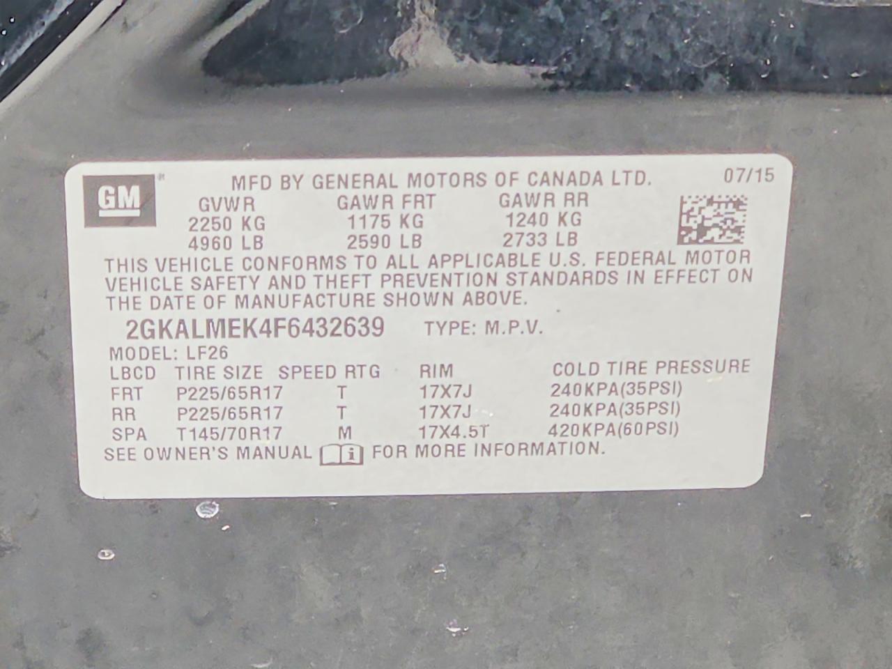 2015 Gmc Terrain Sle Gray vin: 2GKALMEK4F6432639