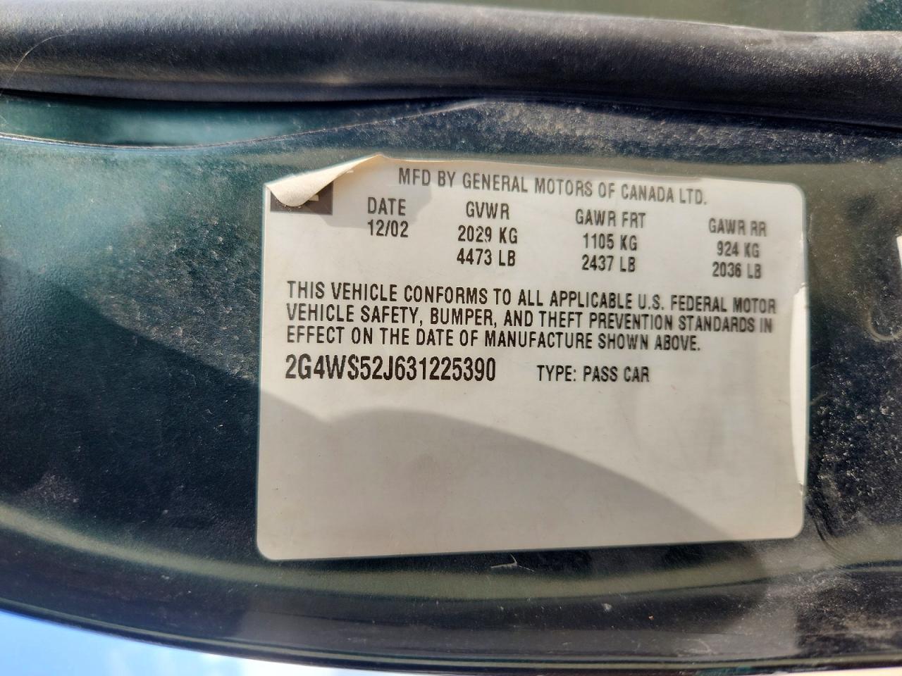 2003 Buick Century Custom Green vin: 2G4WS52J631225390