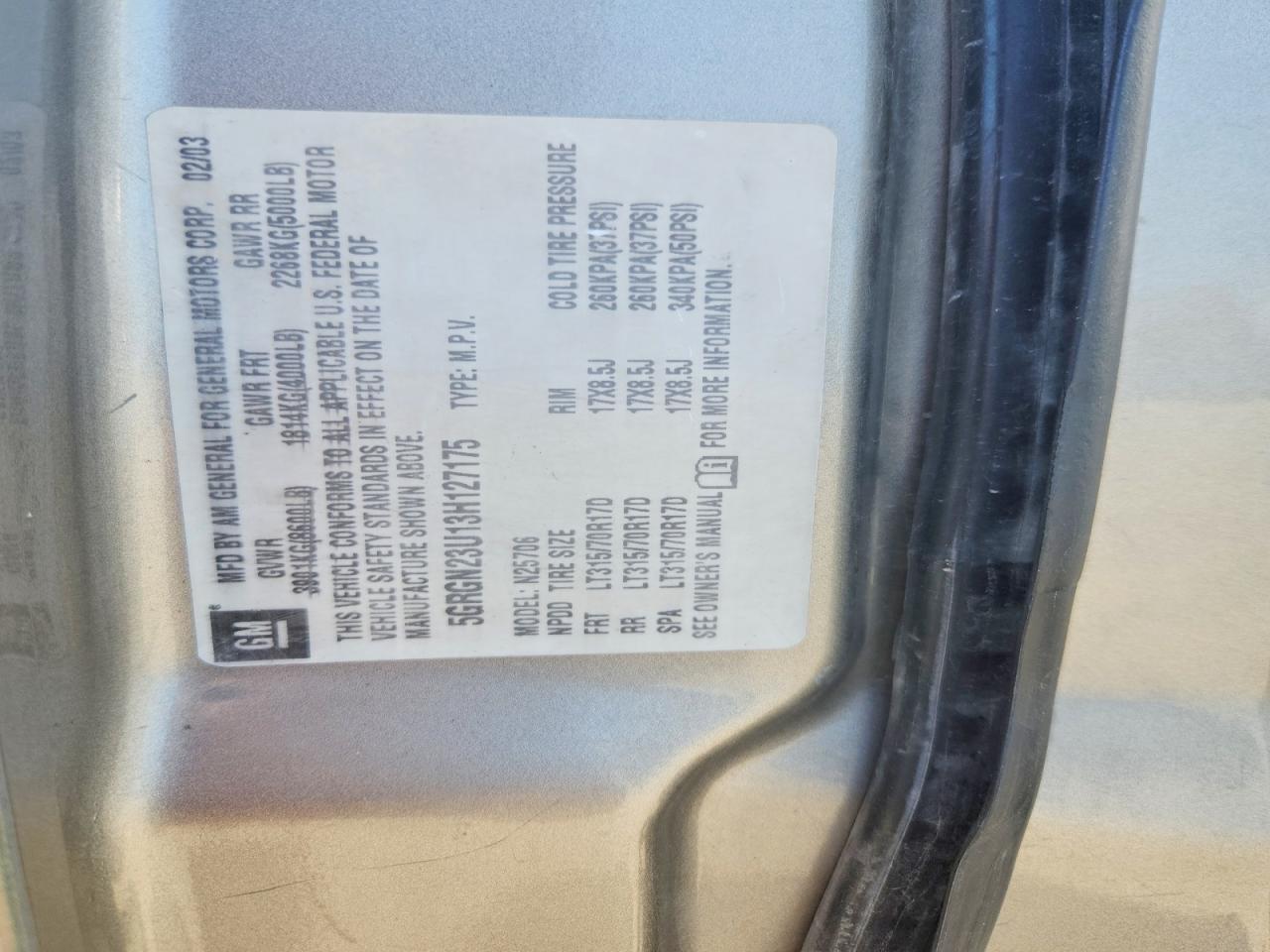 2003 Hummer H2 Suv Silver vin: 5GRGN23U13H127175