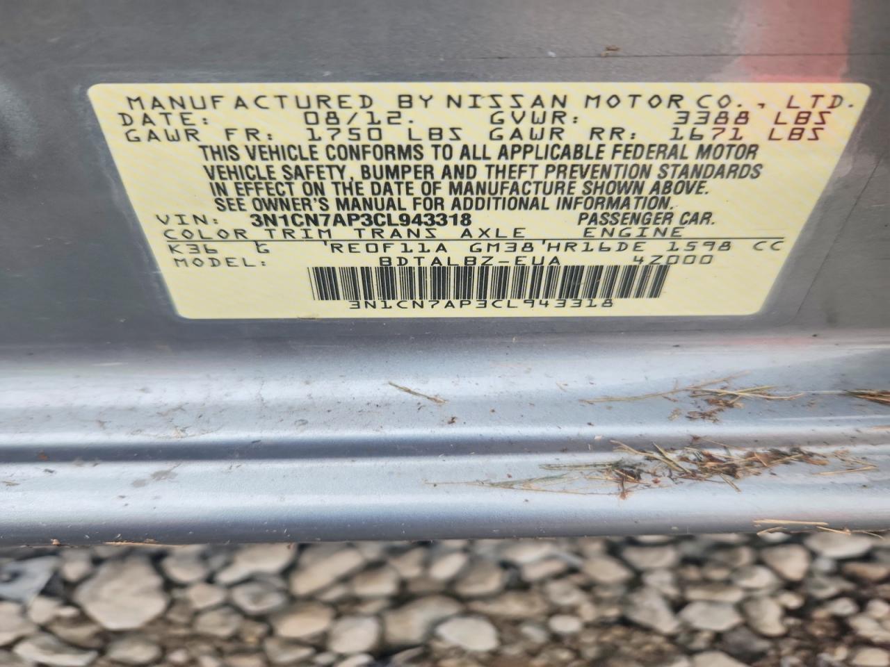 2012 Nissan Versa 1.6 S Gray vin: 3N1CN7AP3CL943318