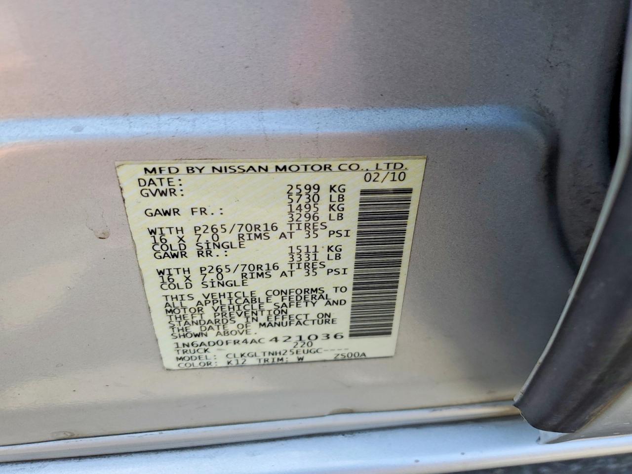 2010 Nissan Frontier Se V6 Silver vin: 1N6AD0FR4AC421036