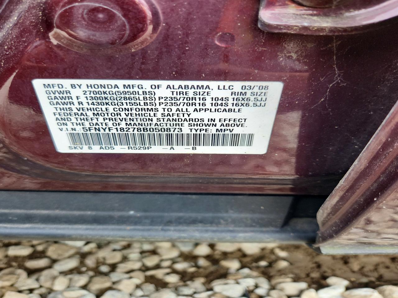 2008 Honda Pilot Vp Maroon vin: 5FNYF18278B050873