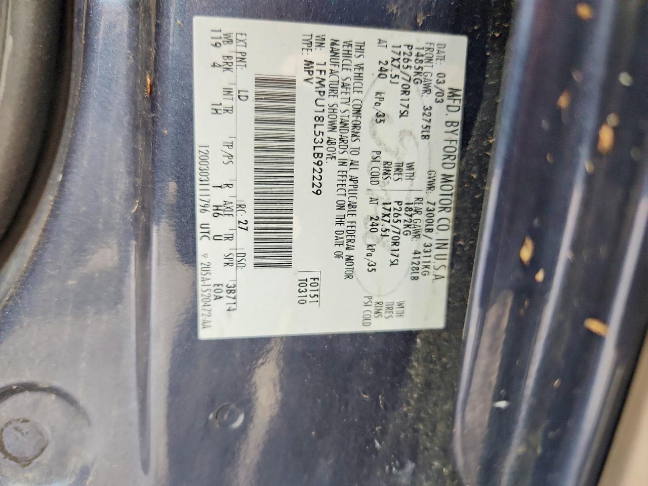 2003 Ford Expedition Eddie Bauer Blue vin: 1FMPU18L53LB92229