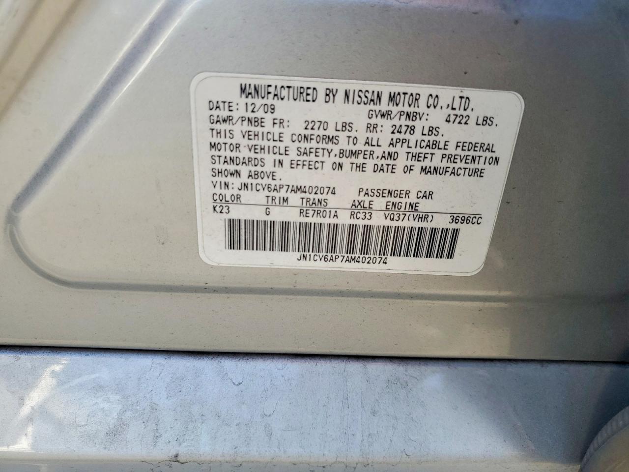 2010 Infiniti G37 Sedan Base Silver vin: JN1CV6AP7AM402074