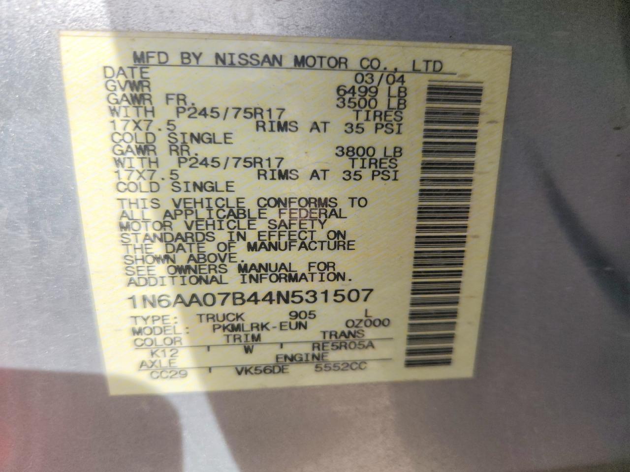 2004 Nissan Titan Xe Silver vin: 1N6AA07B44N531507