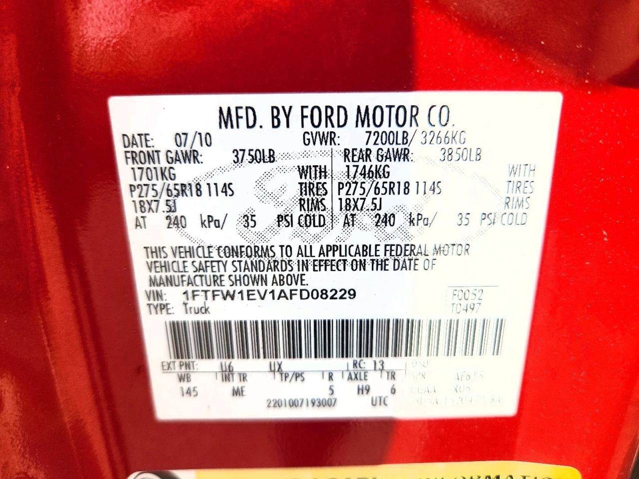 2010 Ford F150 Supercrew Red vin: 1FTFW1EV1AFD08229