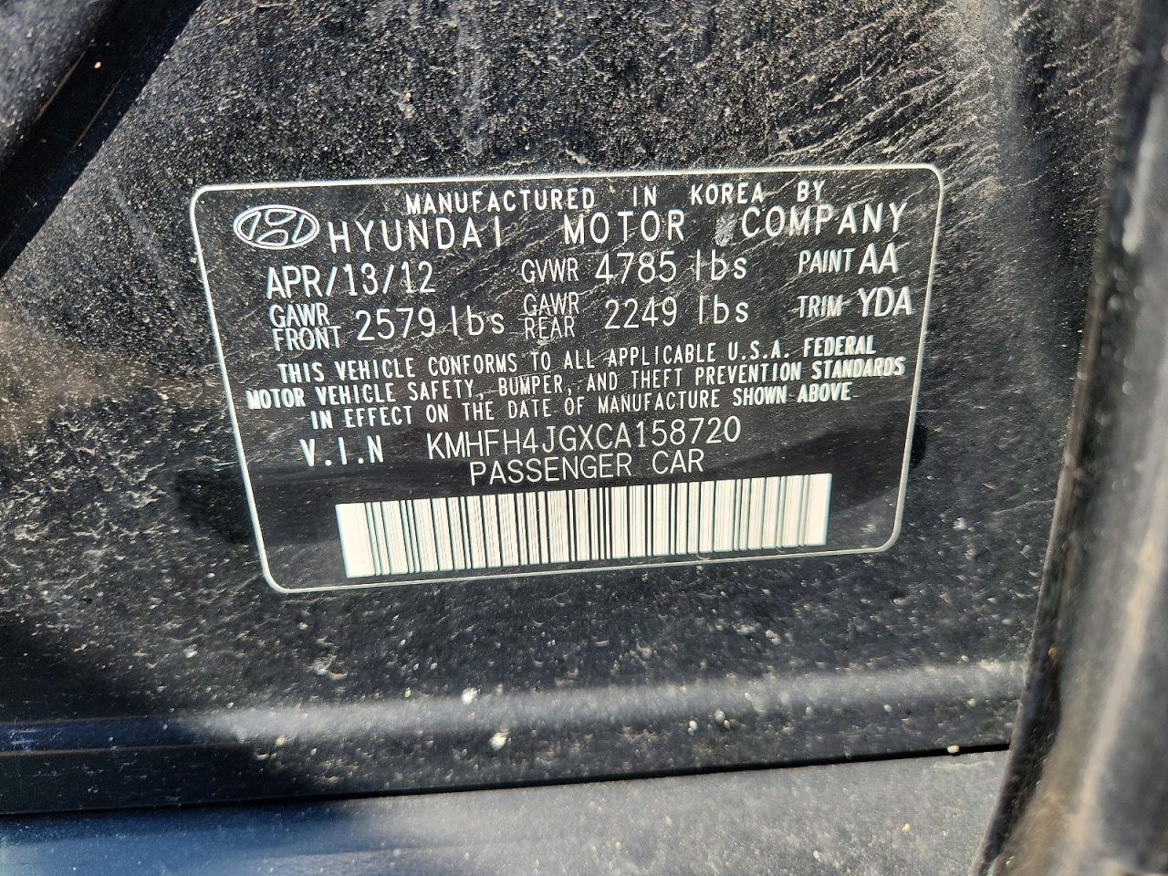 2012 Hyundai Azera Base Black vin: KMHFH4JGXCA158720