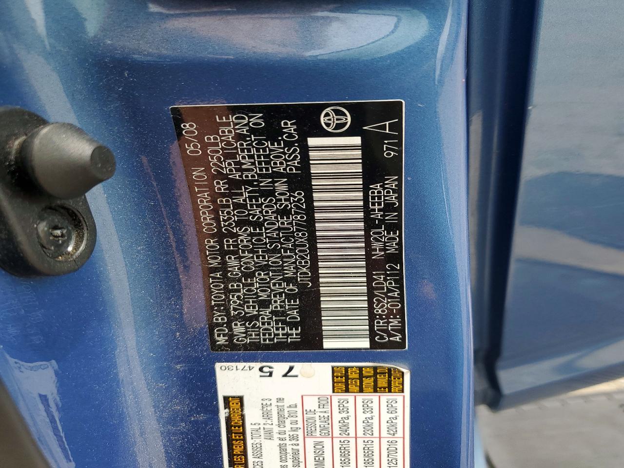 2008 Toyota Prius Base Blue vin: JTDKB20UX87787236
