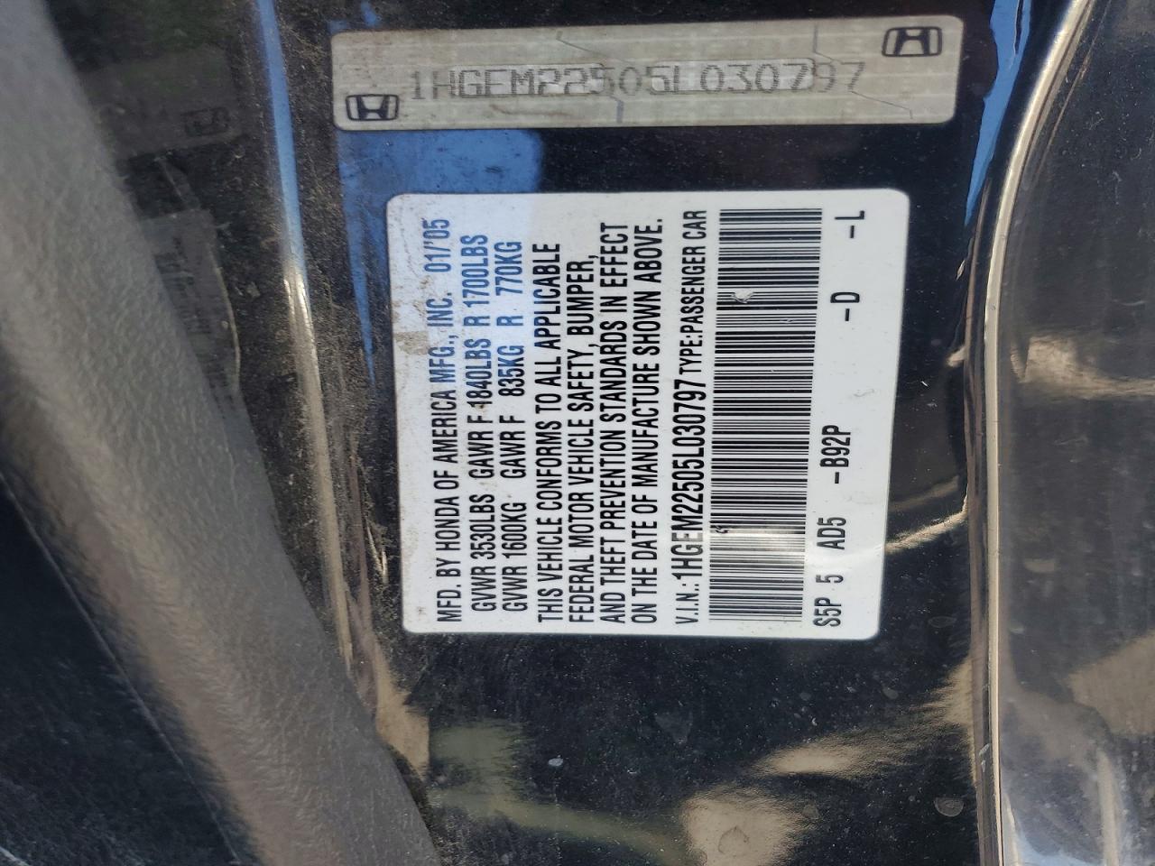 2005 Honda Civic Lx Black vin: 1HGEM22505L030797