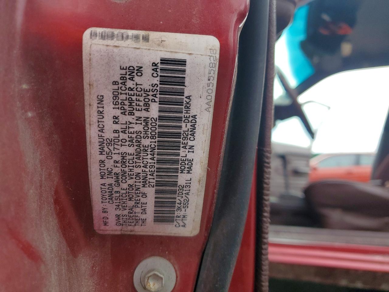 1992 Toyota Corolla Red vin: 2T1AE91A4NC180002