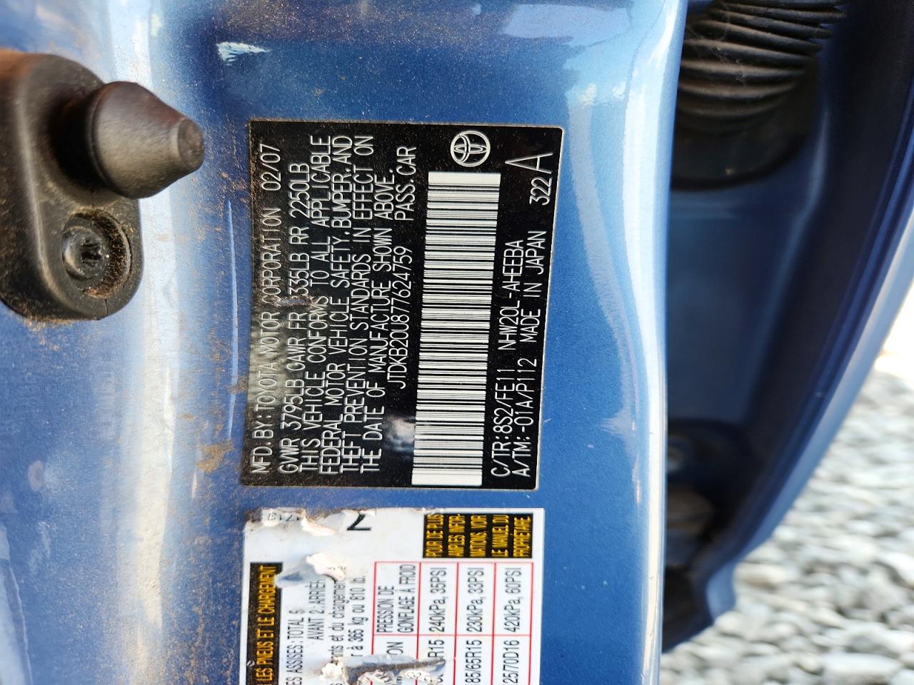 2007 Toyota Prius Base Blue vin: JTDKB20U877624759