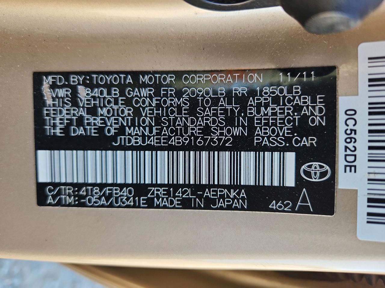 2011 Toyota Corolla Le Tan vin: JTDBU4EE4B9167372