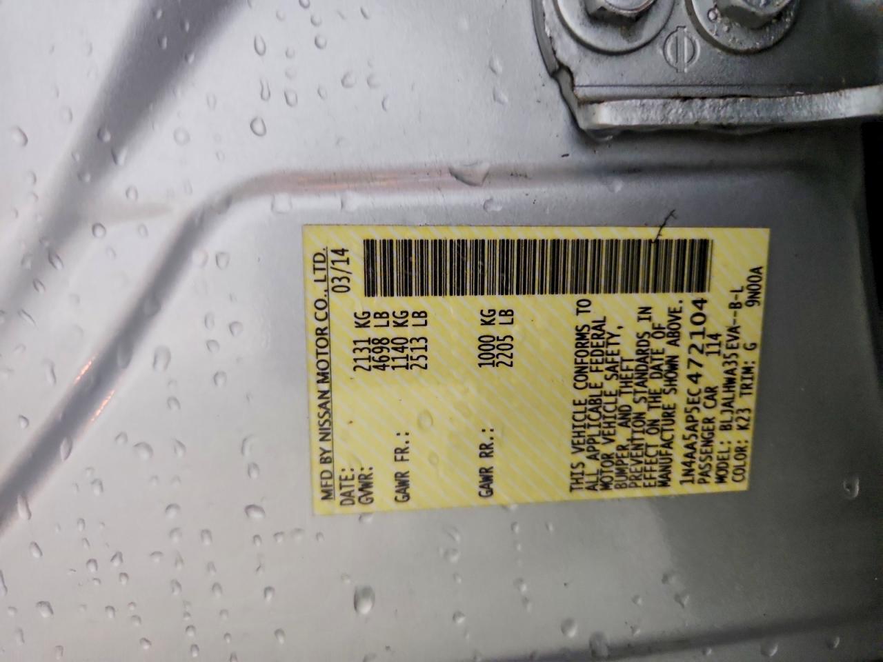 2014 Nissan Maxima 3.5 Sv Gray vin: 1N4AA5AP5EC472104