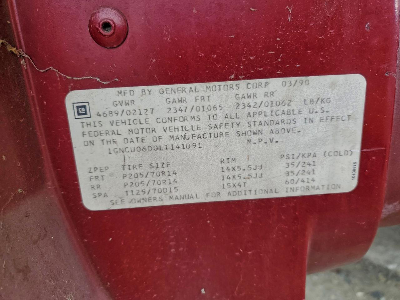 1990 Chevrolet Lumina Apv Бордовый vin: 1GNCU06D0LT141091