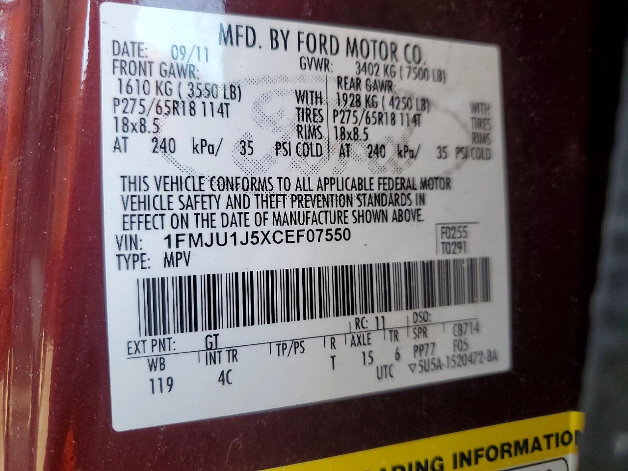 2012 Ford Expedition Xlt Burgundy vin: 1FMJU1J5XCEF07550