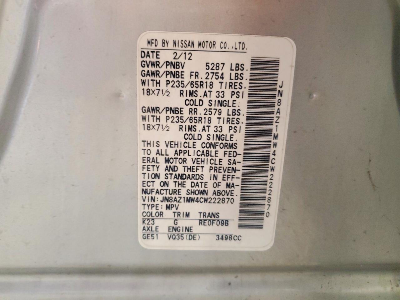 2012 Nissan Murano S Серебряный vin: JN8AZ1MW4CW222870