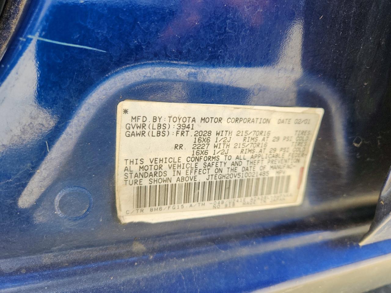 2001 Toyota Rav4 Base Blue vin: JTEGH20V510021485