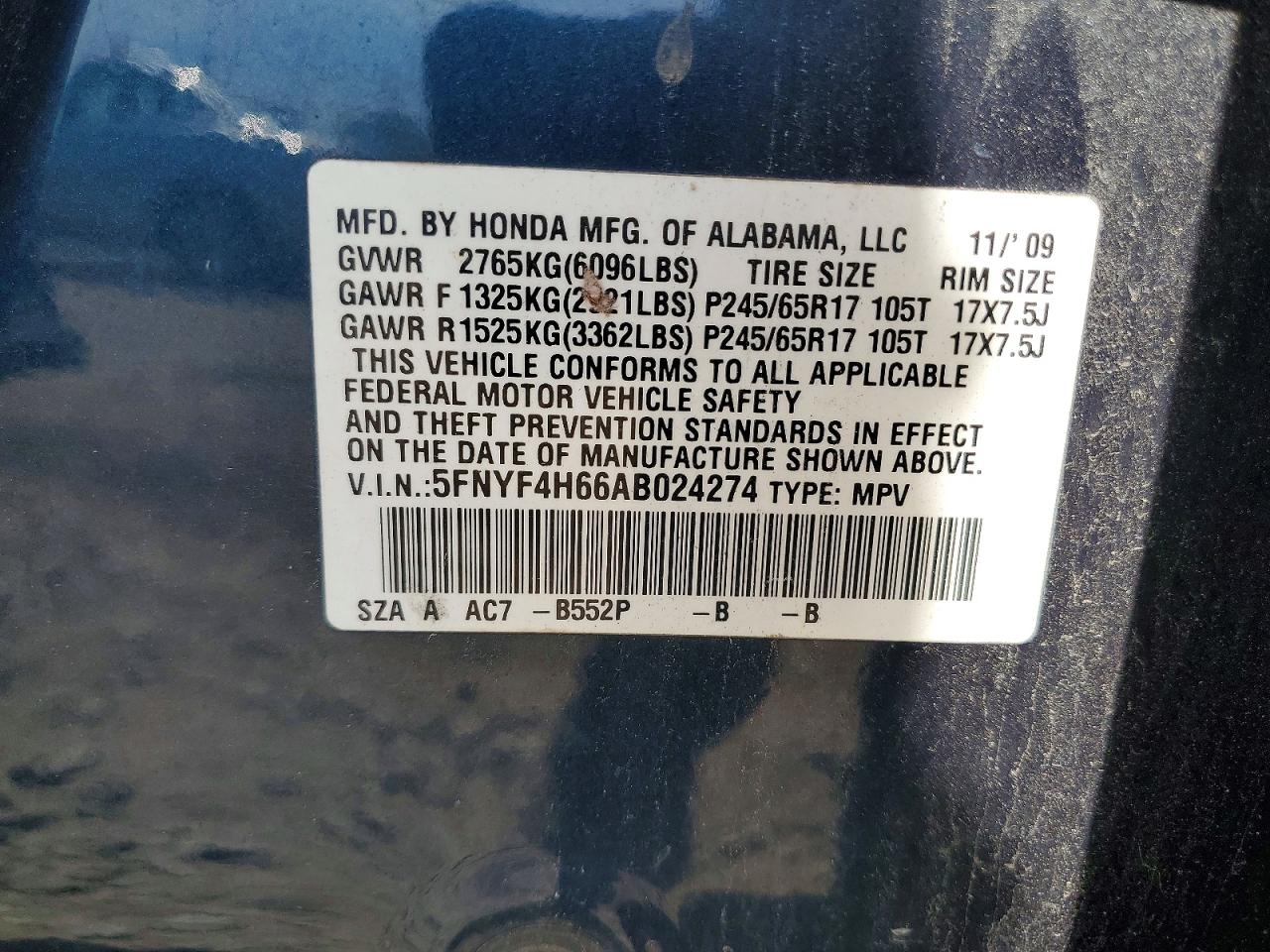 2010 Honda Pilot Exl Blue vin: 5FNYF4H66AB024274