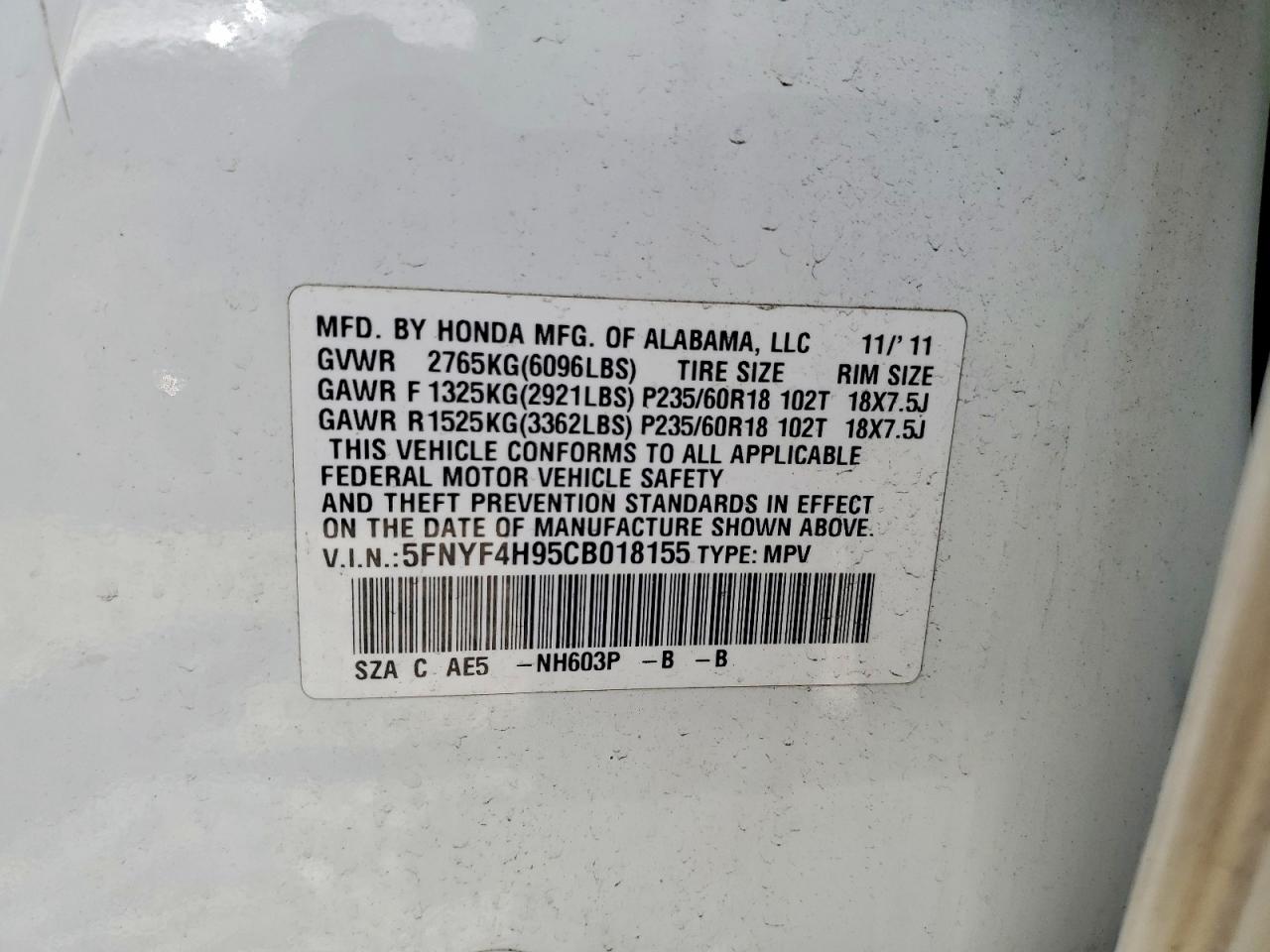 2012 Honda Pilot Touring White vin: 5FNYF4H95CB018155
