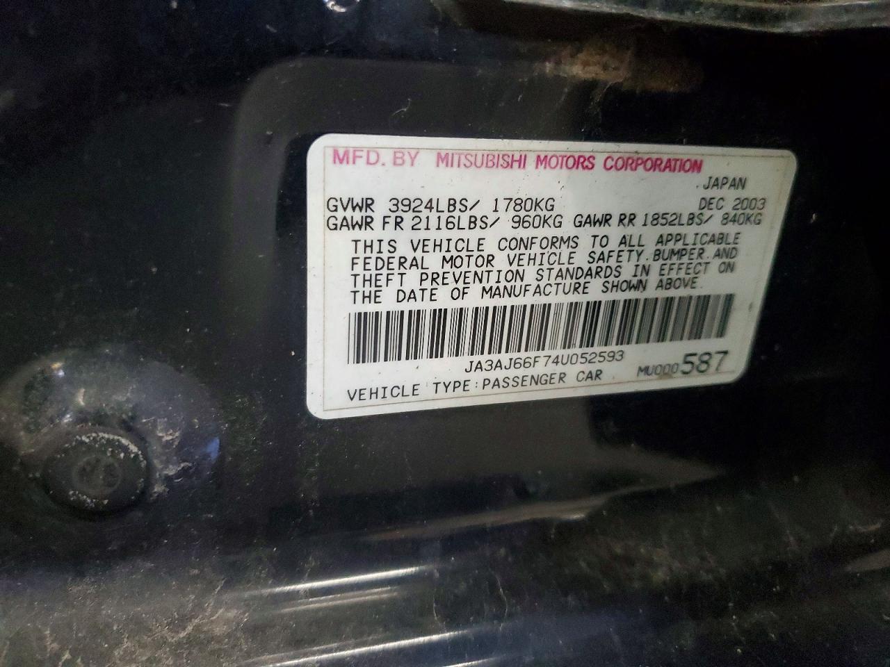 2004 Mitsubishi Lancer Ralliart Black vin: JA3AJ66F74U052593