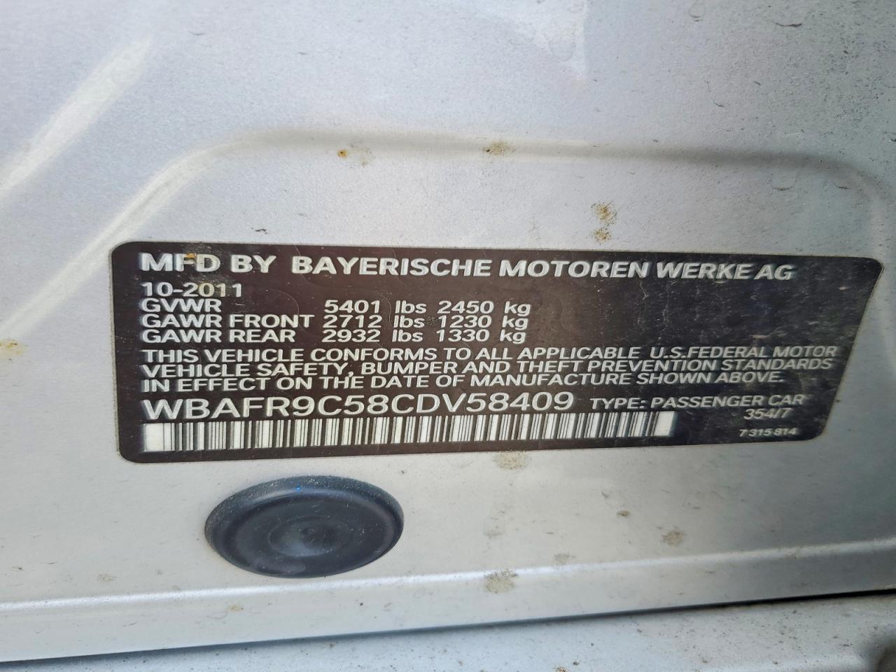 2012 Bmw 550 I Silver vin: WBAFR9C58CDV58409