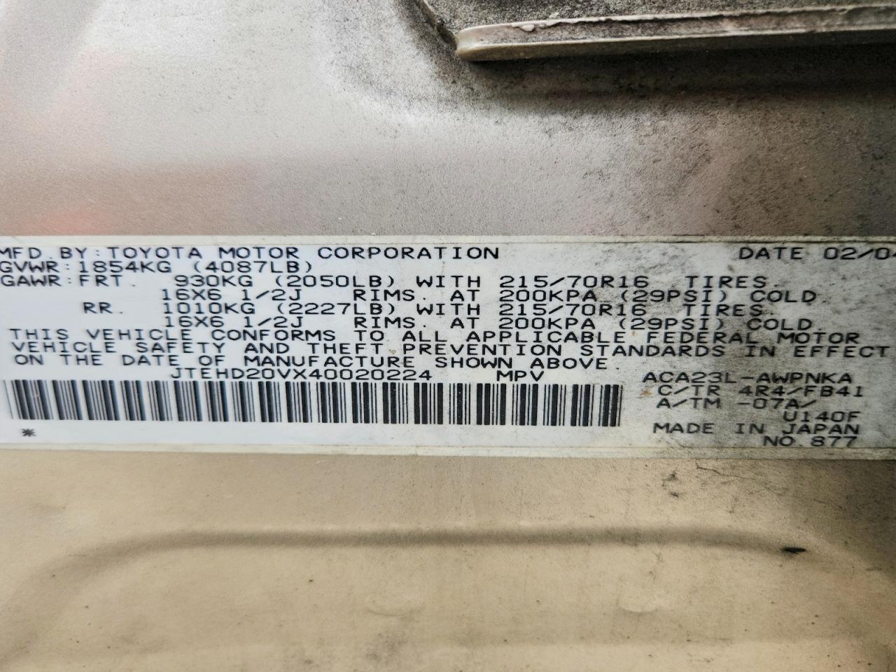 2004 Toyota Rav4 Base Gold vin: JTEHD20VX40020224