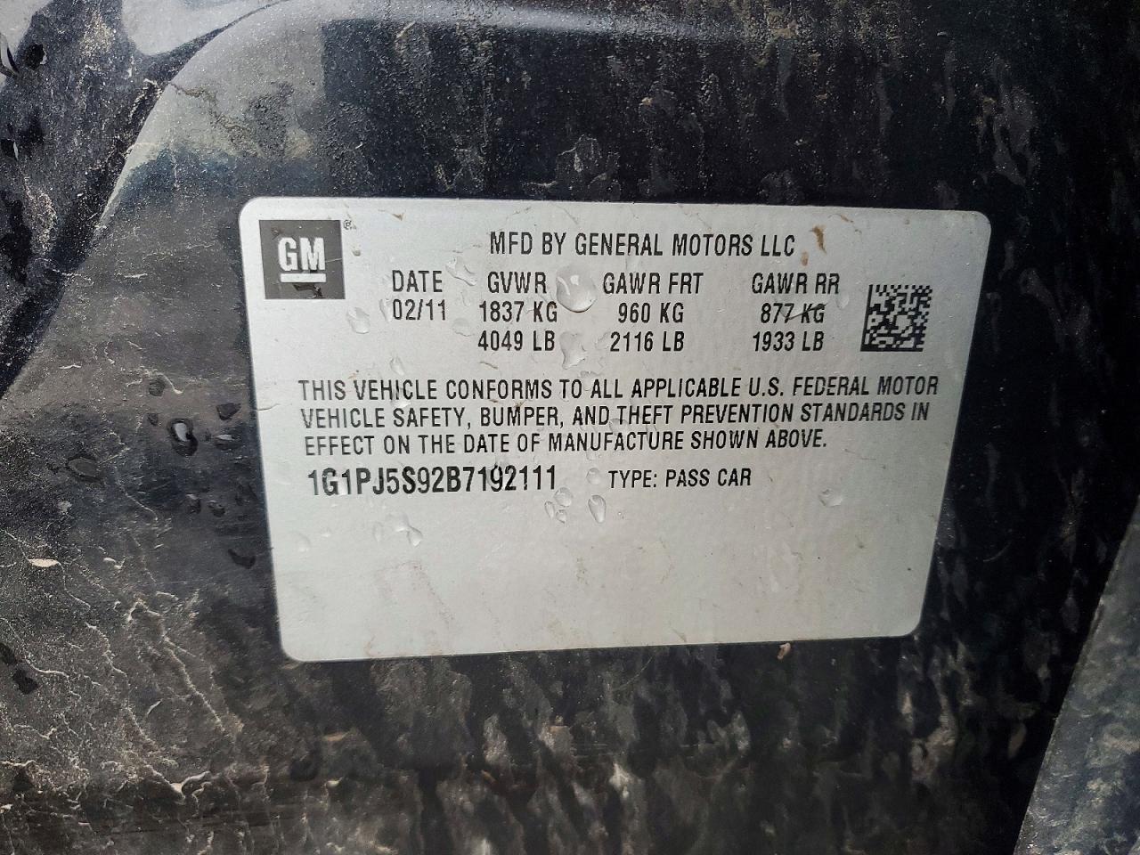 2011 Chevrolet Cruze Eco Black vin: 1G1PJ5S92B7192111