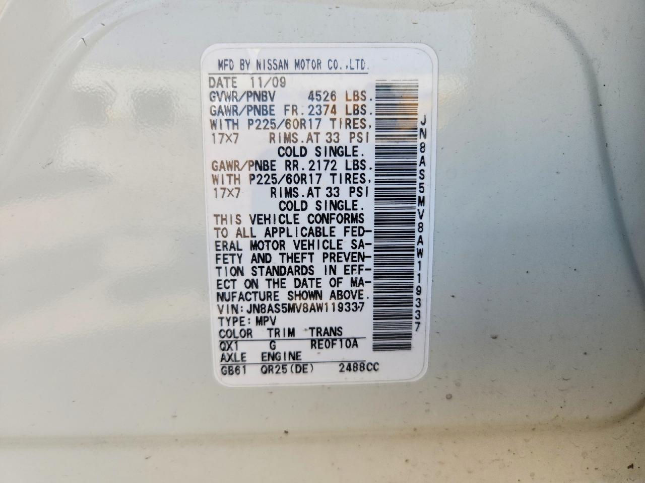 2010 Nissan Rogue S White vin: JN8AS5MV8AW119337