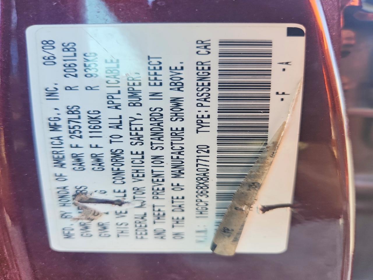 2008 Honda Accord Exl Burgundy vin: 1HGCP368X8A077120
