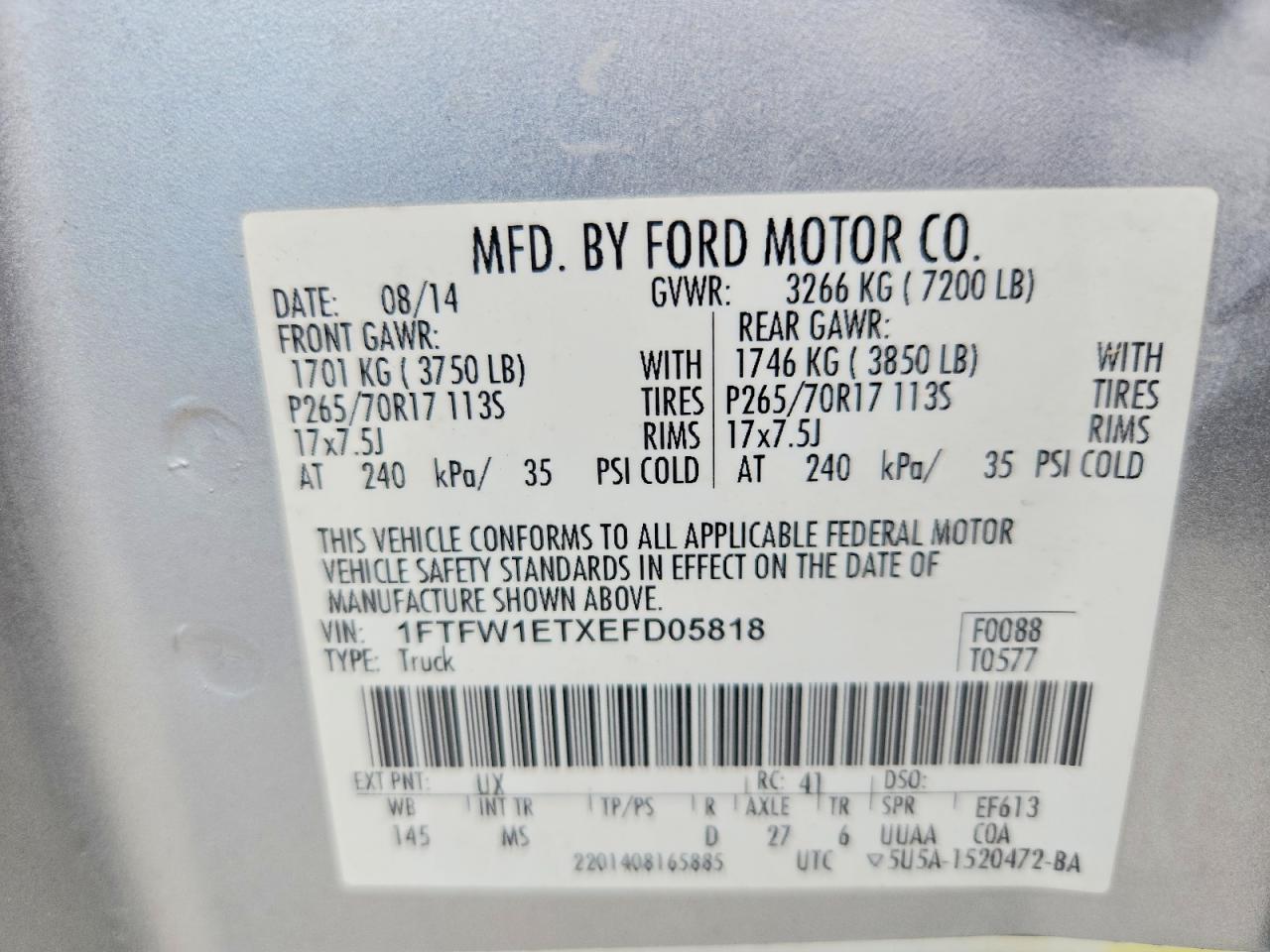 2014 Ford F150 Supercrew Silver vin: 1FTFW1ETXEFD05818