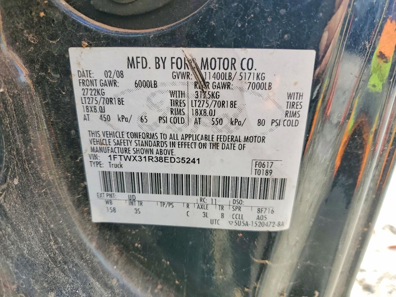 2008 Ford F350 Srw Super Duty Black vin: 1FTWX31R38ED35241