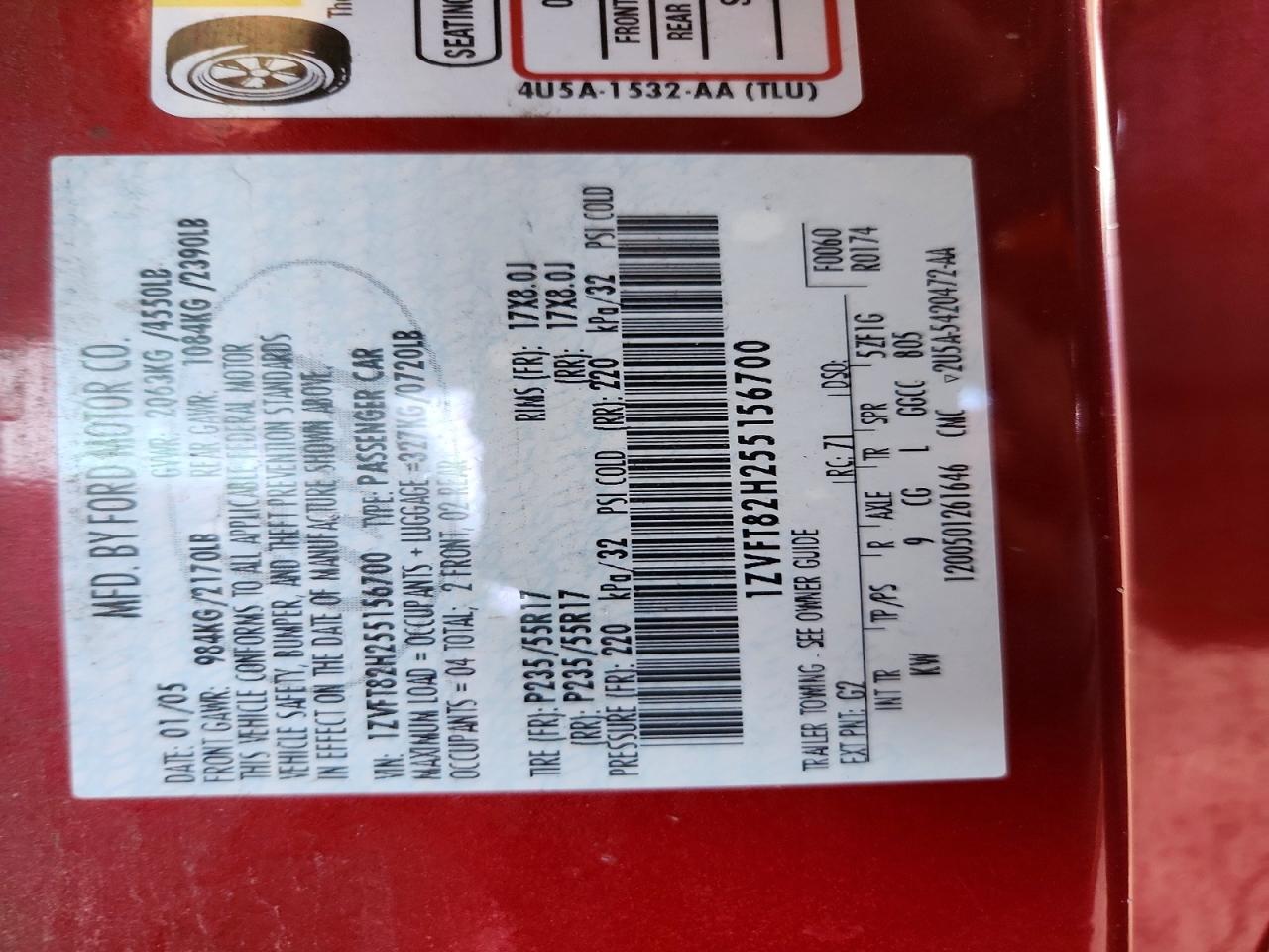 2005 Ford Mustang Gt Red vin: 1ZVFT82H255156700