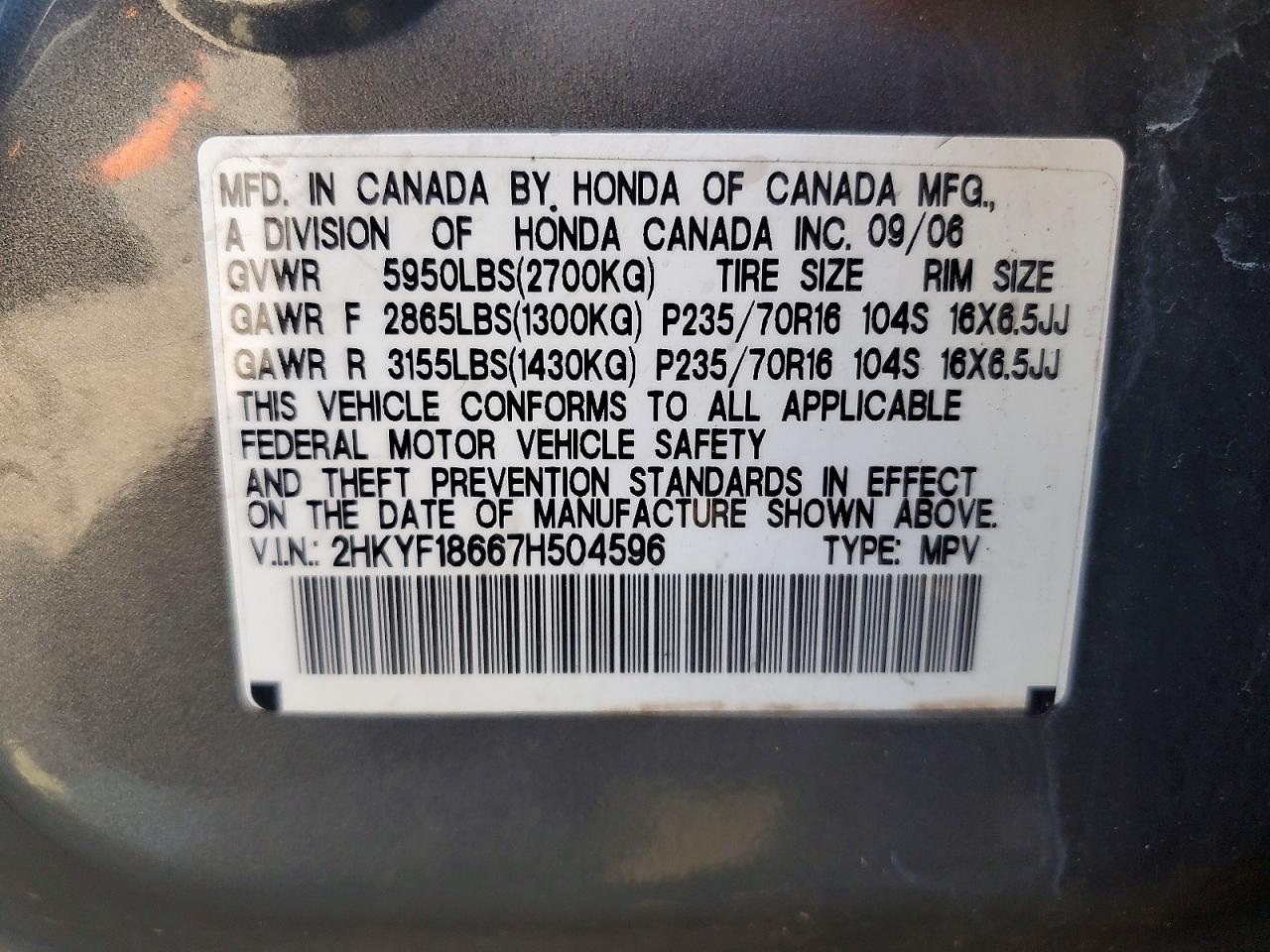 2007 Honda Pilot Exl Gray vin: 2HKYF18667H504596