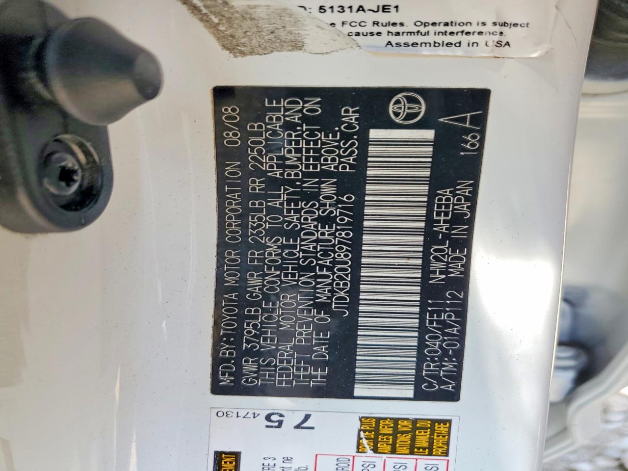 2009 Toyota Prius Base White vin: JTDKB20U897819716