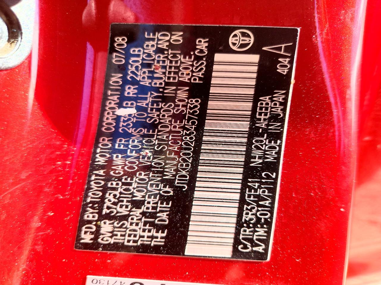2008 Toyota Prius Base Red vin: JTDKB20U283457338