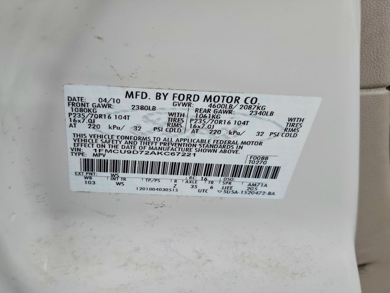 2010 Ford Escape Xlt White vin: 1FMCU9D72AKC67221