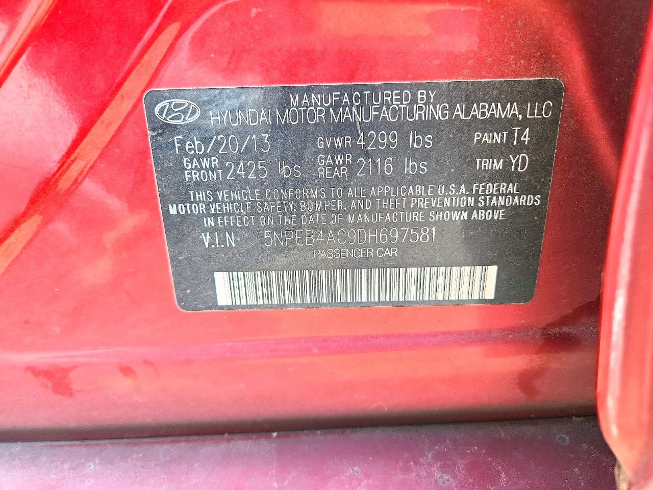 2013 Hyundai Sonata Gls Red vin: 5NPEB4AC9DH697581