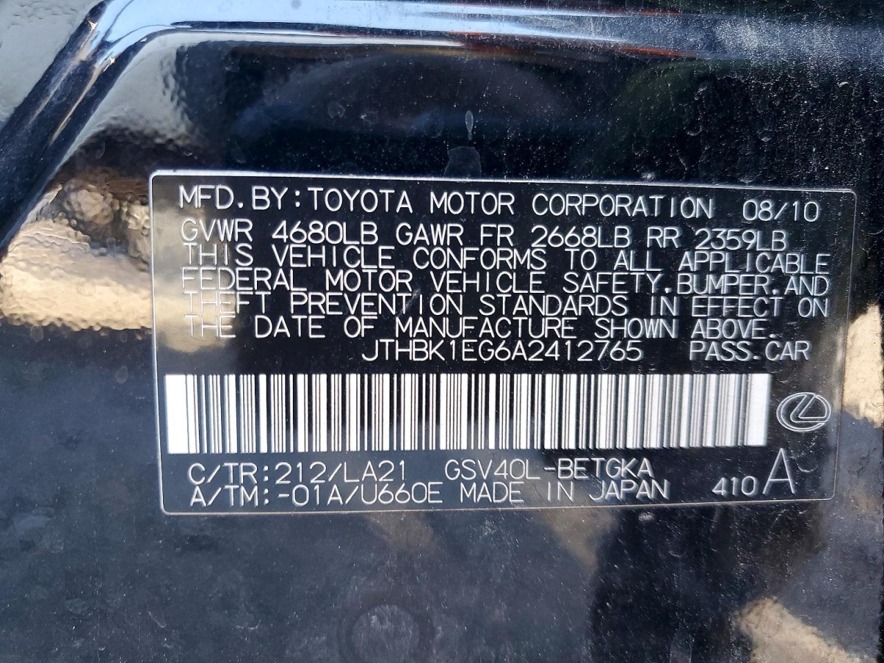 2010 Lexus Es 350 Черный vin: JTHBK1EG6A2412765