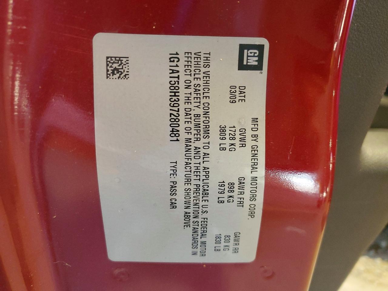2009 Chevrolet Cobalt Lt Maroon vin: 1G1AT58H397280481